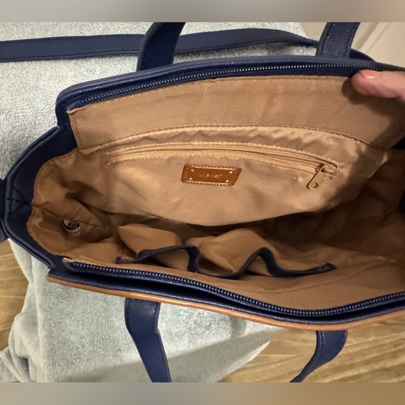 Nine West women’s blue, white and camel tan color block square satchel. - Picture 2 of 7